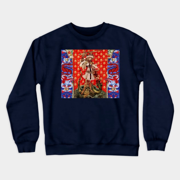 St. George and Dragon Medieval Miniature ,Red Blue White Floral Motifs Crewneck Sweatshirt by BulganLumini